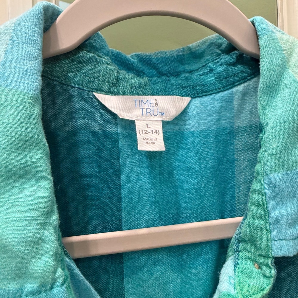 Womens Blue Green Plaid Linen Blend Sleeveless Button Down Shirt Large - Picture 3 of 4